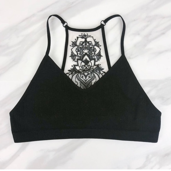Black Tattoo Mesh Lace Back Racerback Bralette - Picture 2 of 4
